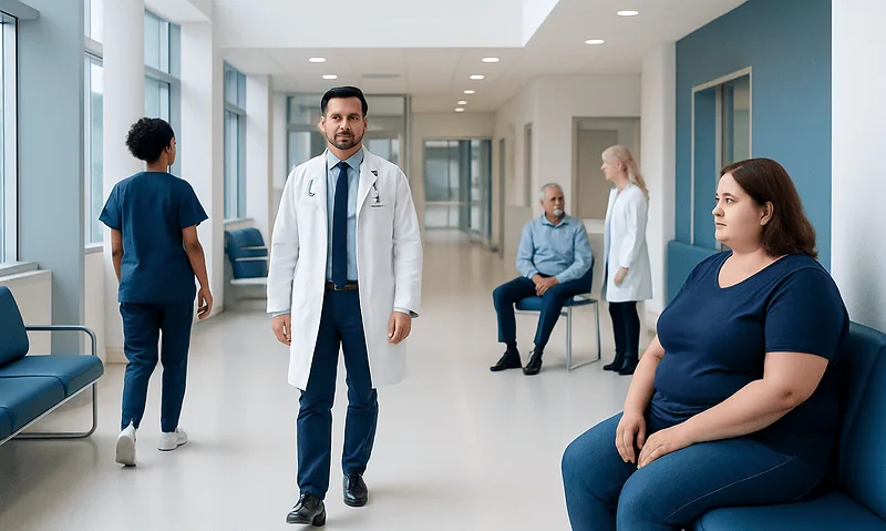 Medical professionals and a patient in a hospital corridor.