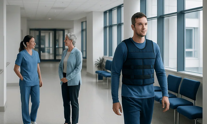 Patient wearing a weighted vest in a hospital corridor with medical staff nearby.