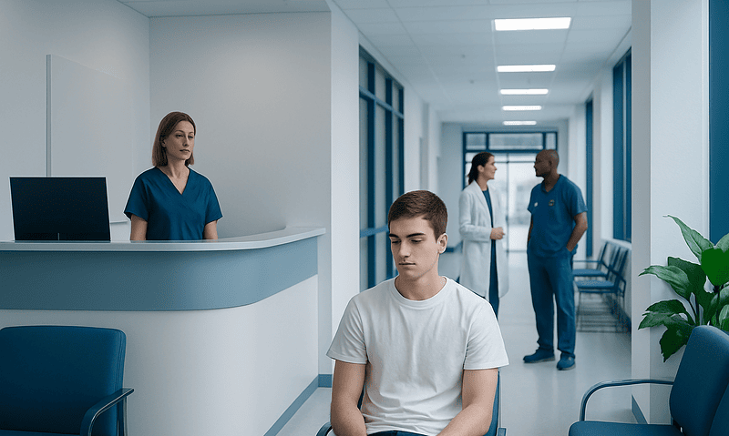 Young man waiting in a hospital corridor with medical staff nearby.