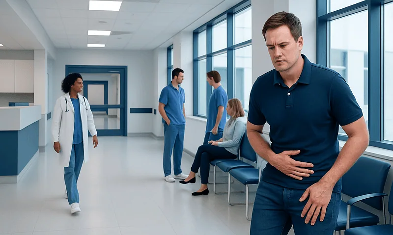 Wet Fart: A Complete Medical Overview 9 Man experiencing stomach pain in hospital corridor with medical staff and patients.
