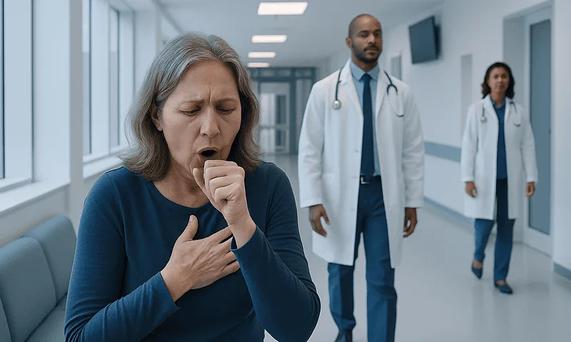 Elderly woman coughing in hospital corridor with doctors nearby.