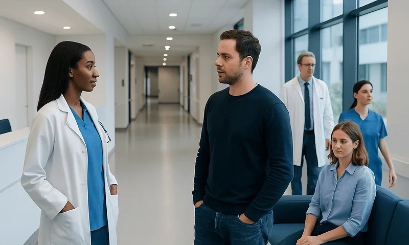 Hospital staff and patient in a modern medical corridor at Acibadem Hospitals.