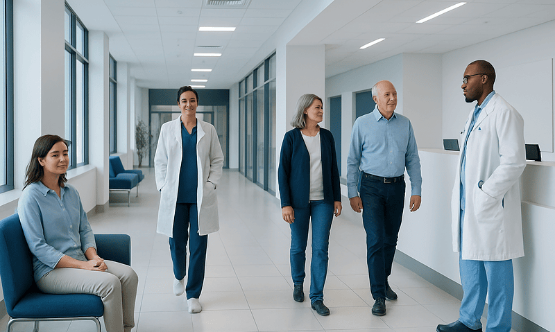 Medical team discussing patient care in hospital corridor.