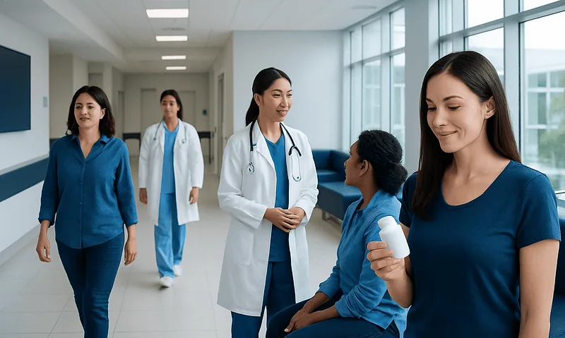 Healthcare professionals and patient in a hospital corridor.