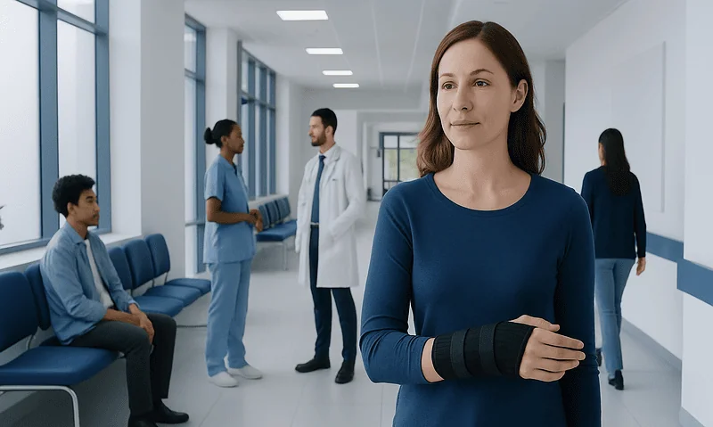 Woman with wrist brace in hospital corridor with medical staff and patients.