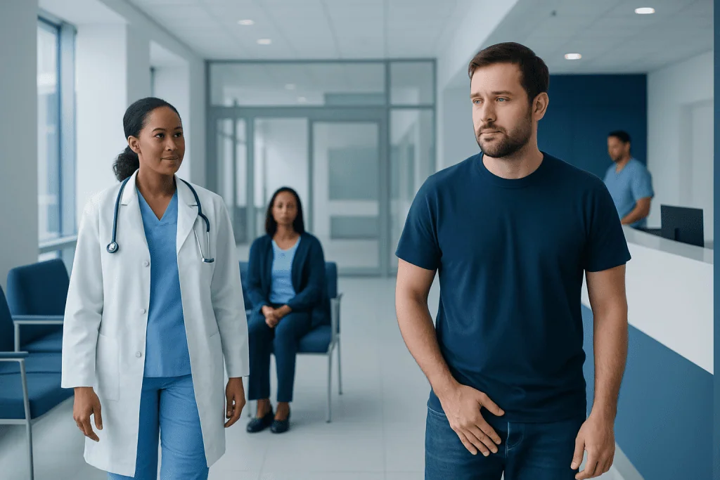 Yeast Infection in Men: Diagnosis, Outlook, and Modern Treatment Approaches 1 Male patient waiting in hospital corridor with medical staff nearby.