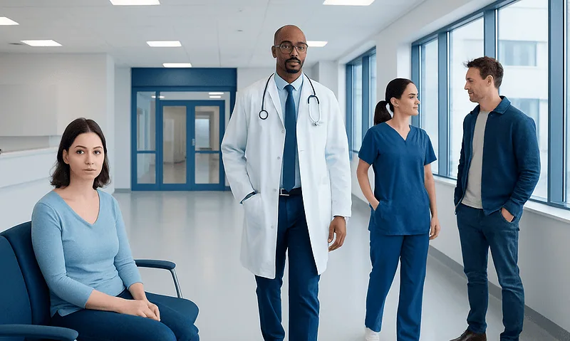 Medical consultation in a modern hospital corridor with diverse staff and patient.