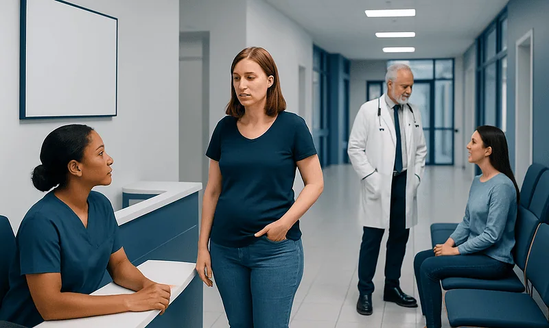 Doctor consulting with pregnant woman in hospital corridor.