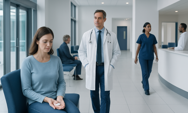 Doctor consulting a patient in a modern hospital waiting area.