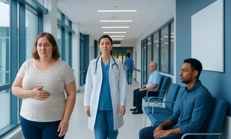 Patients waiting in a hospital corridor with medical staff present.