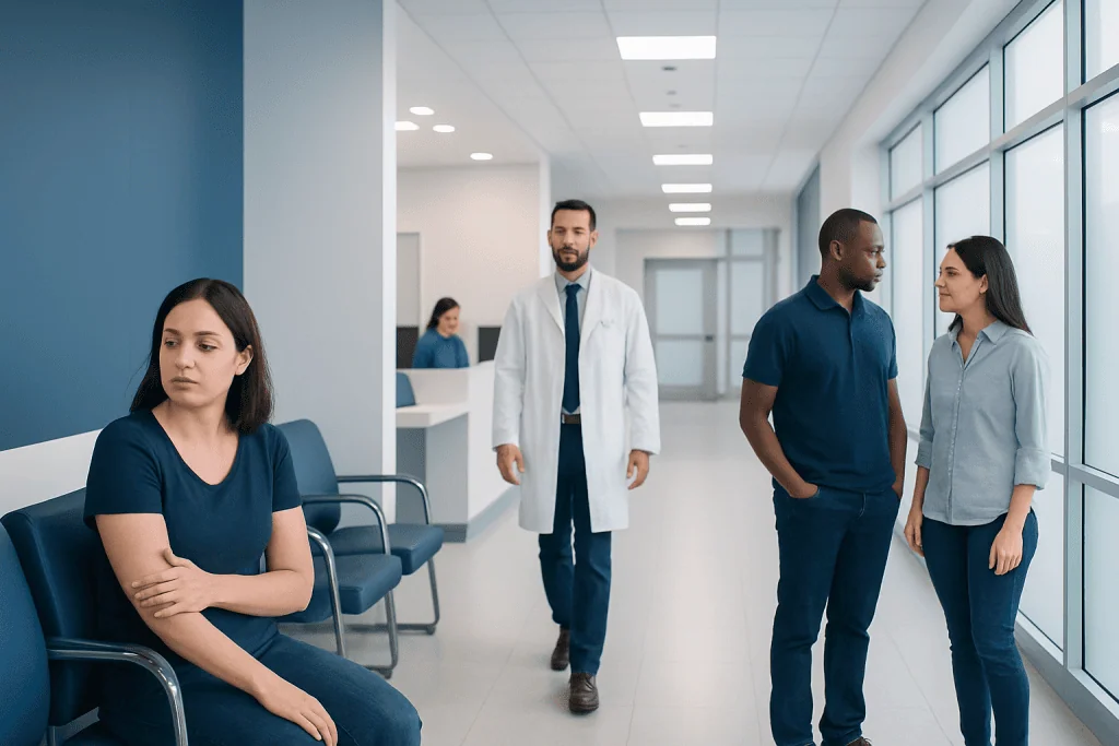 Yellow Jacket Sting: What Patients Need to Know 1 Patients waiting and talking with healthcare professionals in a modern hospital corridor.