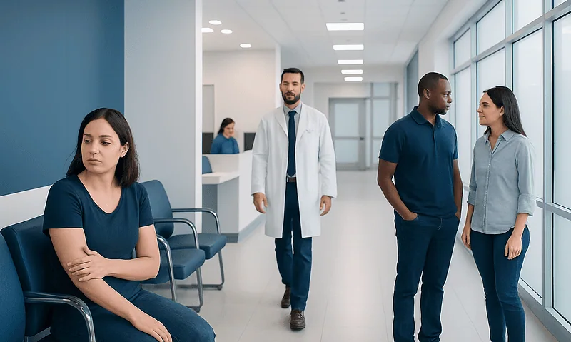 Patients waiting and talking with healthcare professionals in a modern hospital corridor.