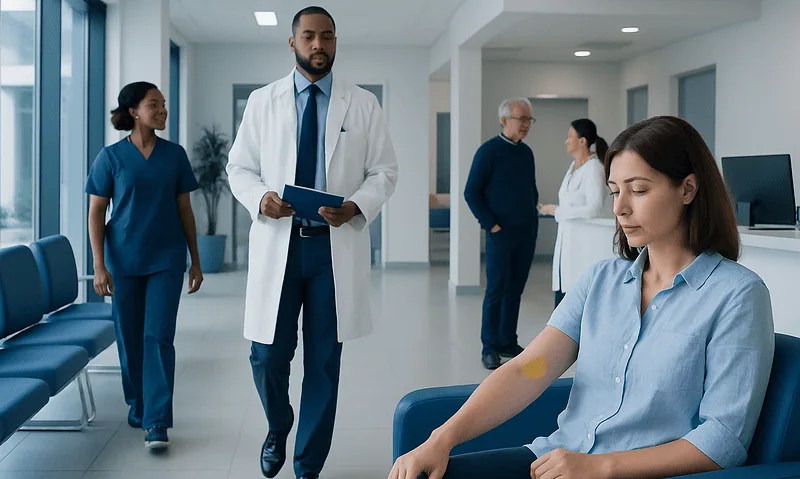 Patient with yellow spot on arm in hospital waiting area.