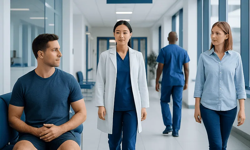 Patient consulting with healthcare professionals in hospital corridor.