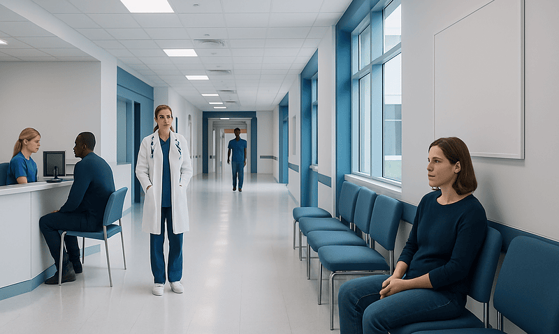 Hospital corridor with patients and medical staff at Acibadem Hospitals Group.