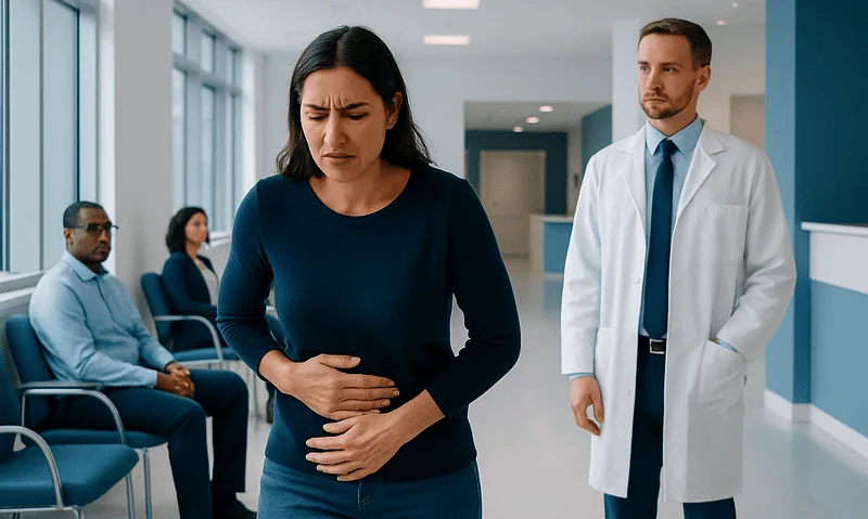 Woman experiencing abdominal pain in a hospital waiting area.