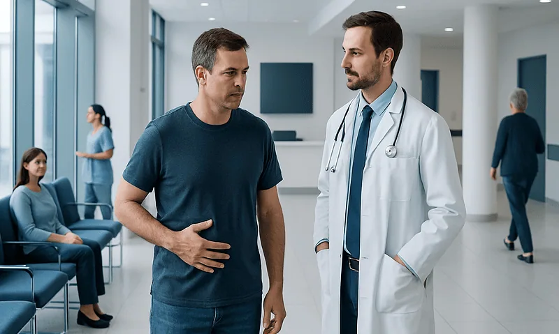 Doctor consulting with patient in hospital corridor.
