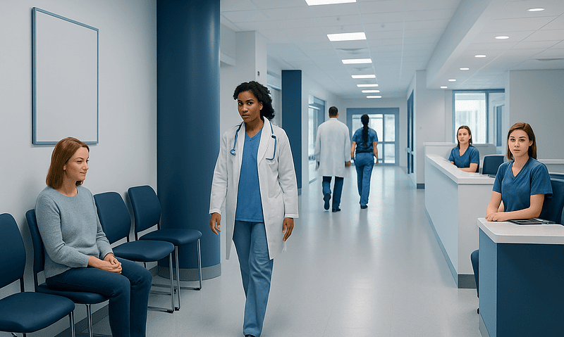 Healthcare professionals and patients in a modern hospital corridor.