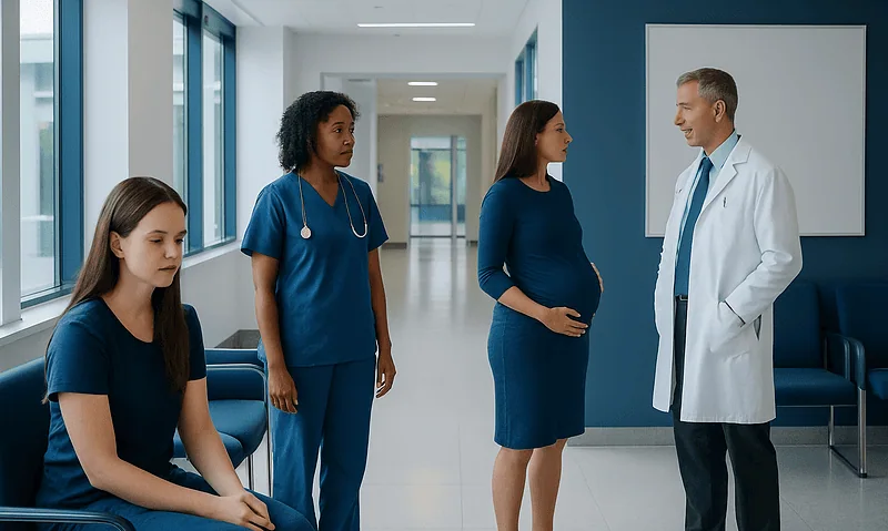 Medical consultation at Acibadem Hospital with pregnant woman and healthcare professionals.
