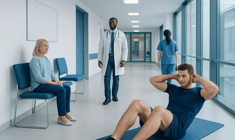Patient doing sit-ups in a hospital corridor with medical staff nearby.