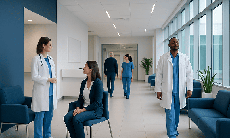 Medical professionals in a modern hospital corridor with large windows.