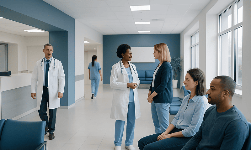 Medical team consulting patients in a hospital waiting area.