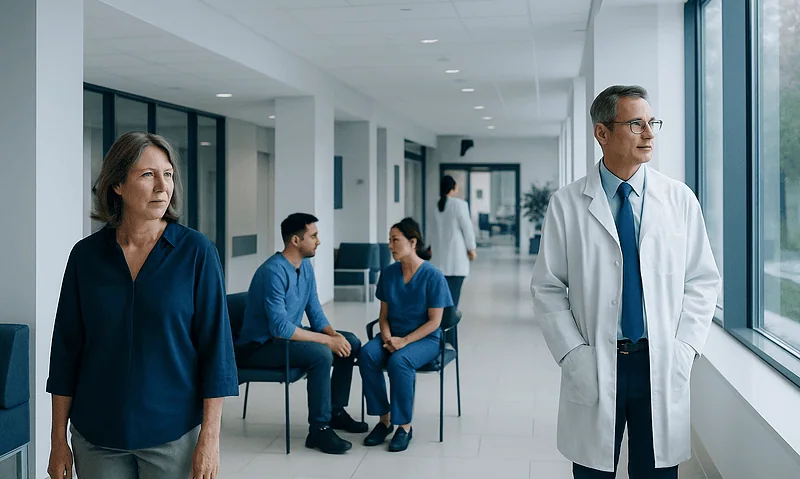 Medical professionals and patients in a hospital corridor at Acibadem Hospitals Group.