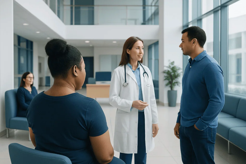Acanthosis Nigricans: Symptoms, Causes, and Treatment Options 1 Doctor consulting with two patients in a modern hospital lobby.