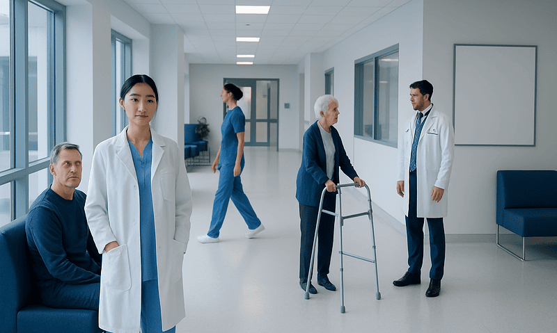 Acarbose — Explained by Medical Evidence, Not Myths 4 Healthcare professionals and patient in hospital corridor at Acibadem Hospitals Group.