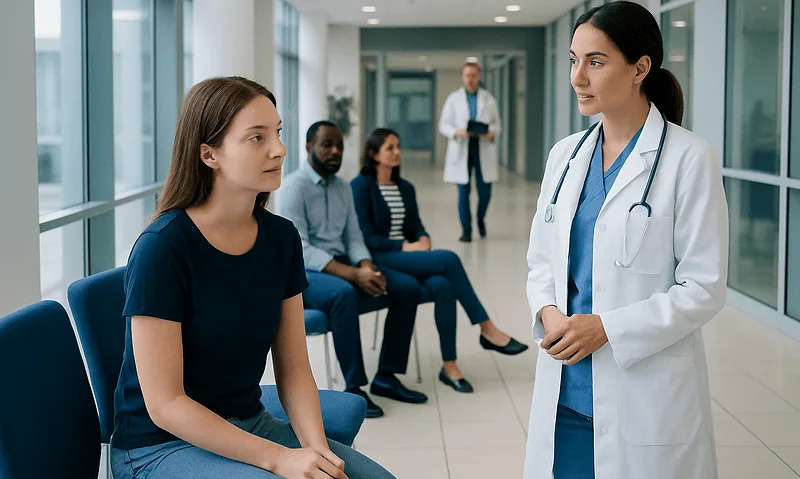 Doctor consulting a patient in a hospital corridor with waiting patients.