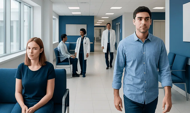 Patients waiting in a hospital corridor with medical staff in the background.