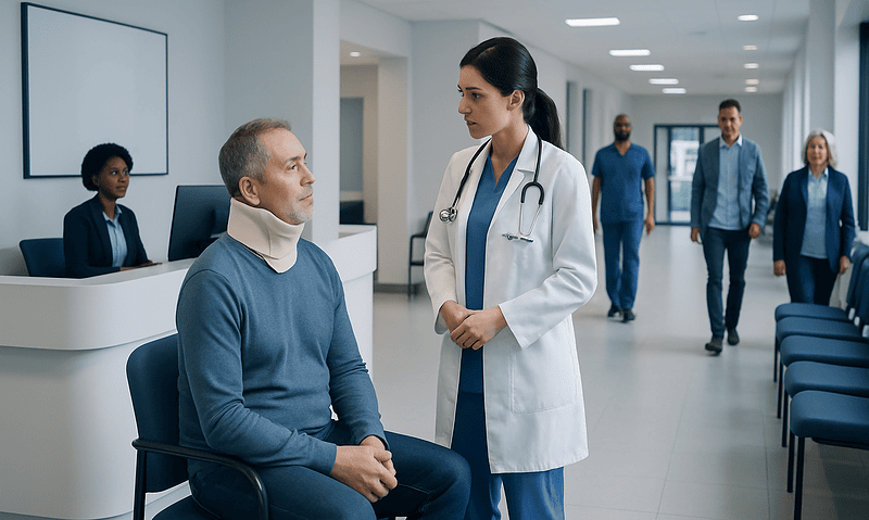 Doctor consulting with patient in hospital corridor.