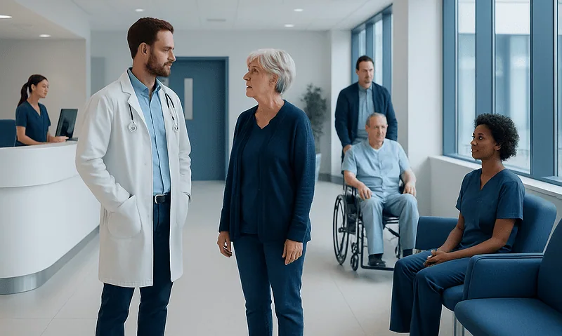 Doctor talking to elderly woman in hospital corridor with patients nearby.