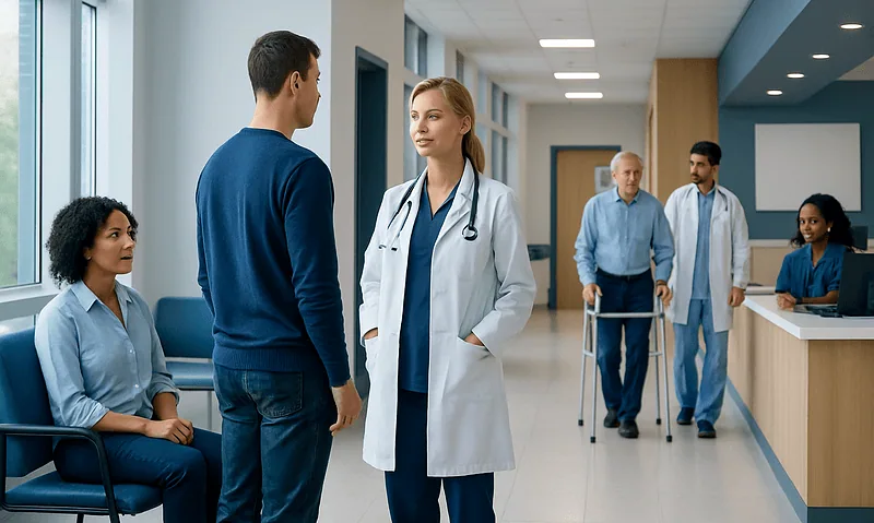 Medical consultation in a hospital with doctors and patients.