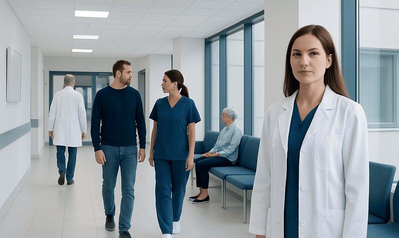 Healthcare professionals and patients in a modern hospital corridor.