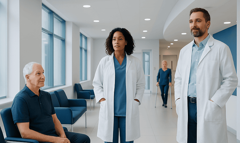 Medical consultation in a hospital corridor with doctors and patient.