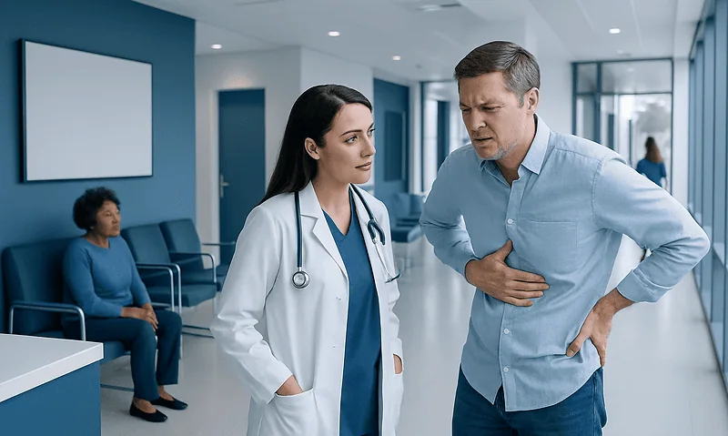 Patient experiencing chest pain in hospital corridor with doctor present.