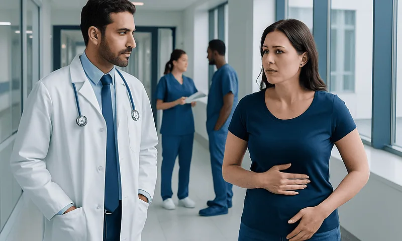 Doctor consulting a woman with stomach pain in hospital corridor.