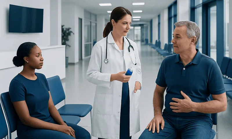 Doctor consulting with a patient and a young girl in a hospital corridor.