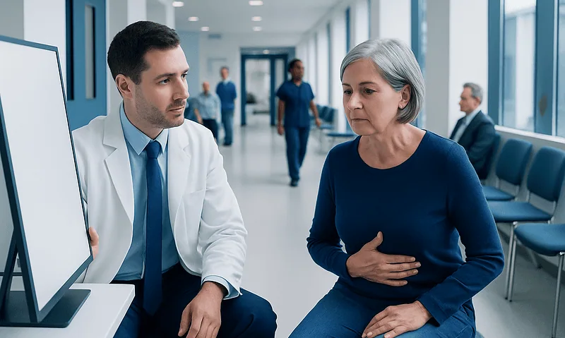 Doctor consulting with a patient in a hospital corridor.
