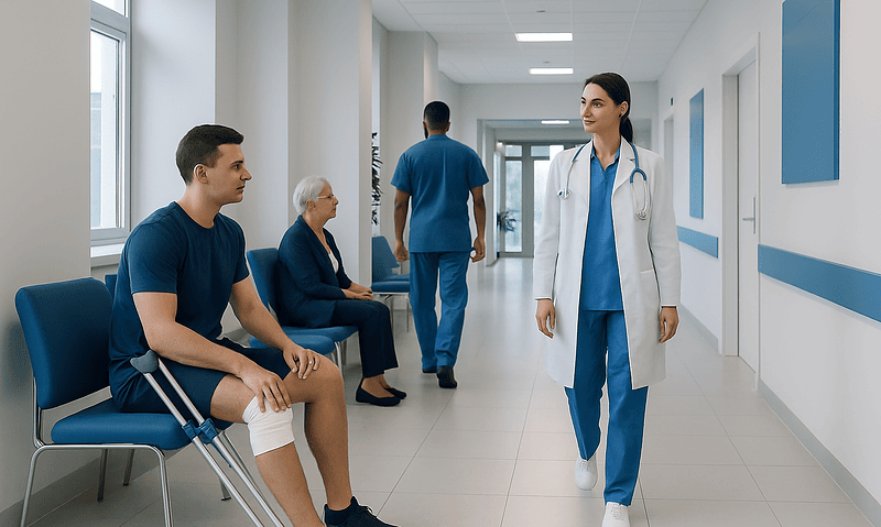 Patient with leg injury consulting with doctor in hospital corridor.