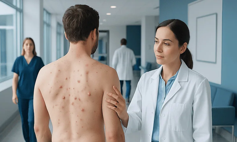 Doctor examining a patient's back with acne cysts in a hospital corridor.