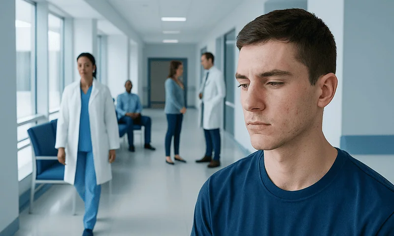 Young man waiting in hospital corridor with medical staff in background.