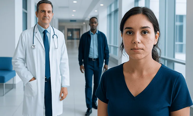Young woman with acne scars in a hospital corridor with doctors and staff.