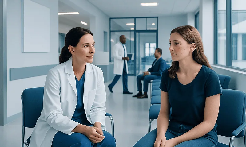 Doctor consulting a young patient in a modern hospital waiting area.