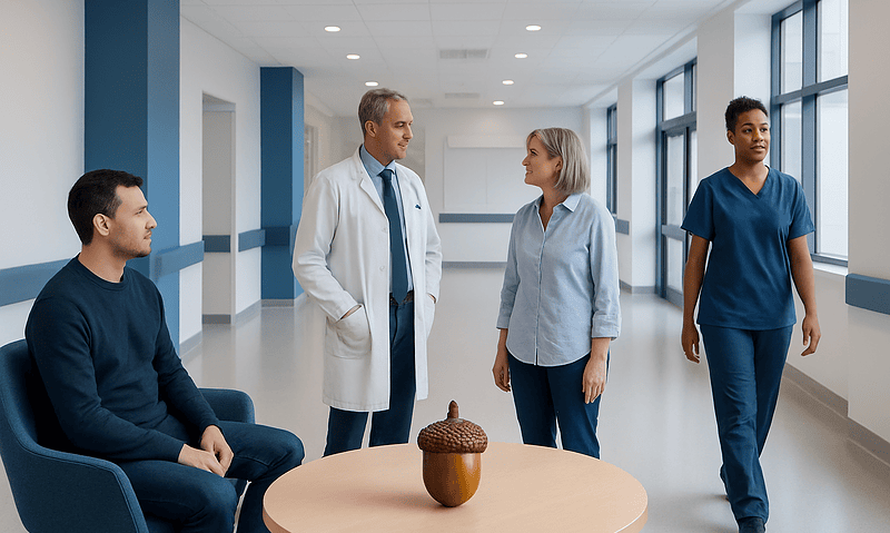 Acorns: An Evidence-Based Guide for Patients 16 Medical team discussing patient care in hospital corridor.