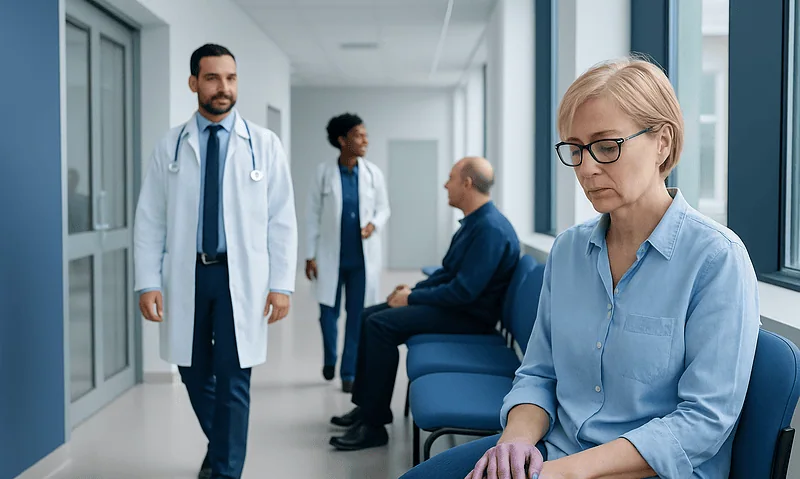 Patient waiting in hospital corridor with medical staff nearby.
