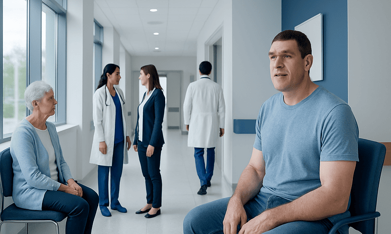 Patient waiting in hospital corridor with medical staff nearby.