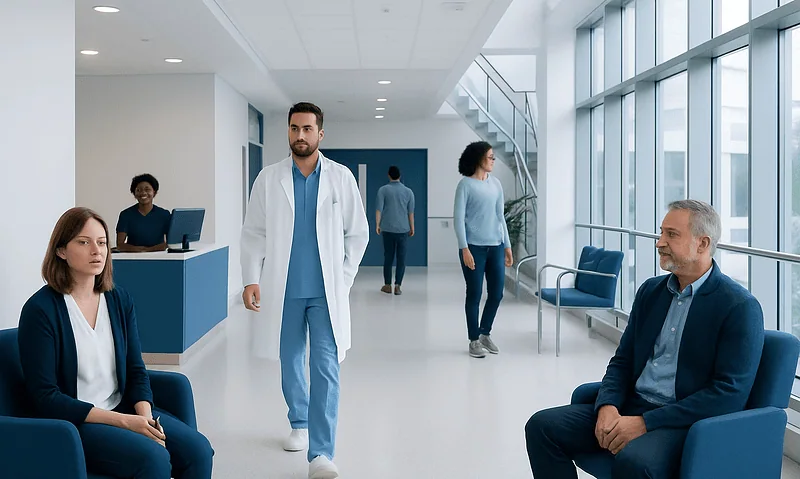 Medical professionals and patients in a modern hospital waiting area.