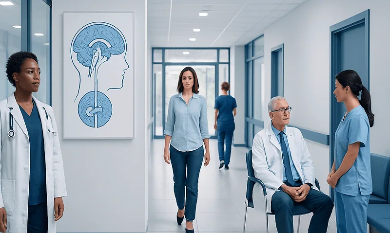 Medical staff and patient in hospital corridor with brain diagram.